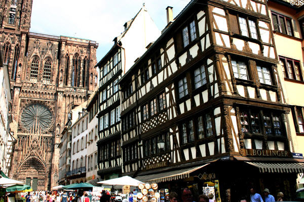 Half-timbered buildings on rue Mercier leading to Cathedral. Strasbourg, France.