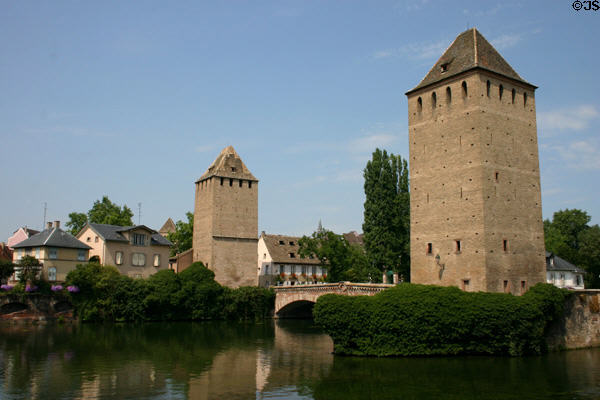 Ponts Couverts chain of Medieval towers guard canal. Strasbourg, France.