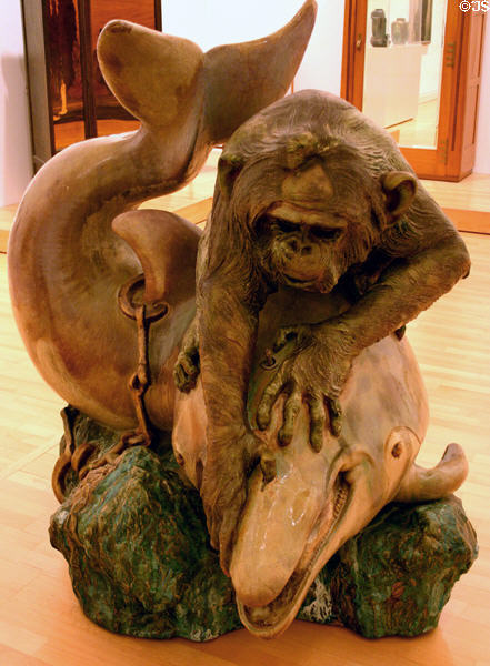 Pottery fountain of ape playing with dolphin called Consul s'amuse (1903) by Jean-Désiré Ringel d'Illzach in Museum of Modern Art. Strasbourg, France.