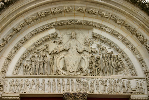 Facade tympanum (remade 1856) of Basilique Ste-Madeleine showing last judgment. Vézelay, France.
