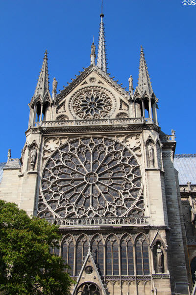 Exterior of southern rose window of Notre Dame Cathedral. Paris, France.