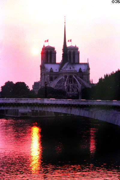 Notre Dame Cathedral over Seine at sunset. Paris, France.