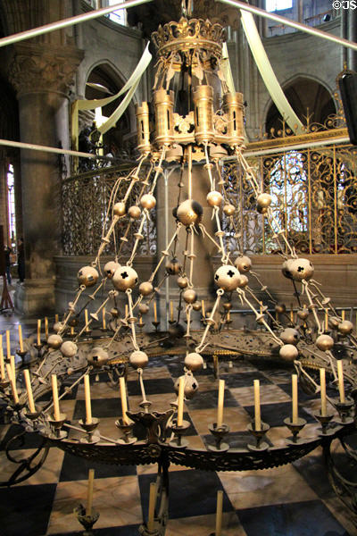 Crown of Light transept chandelier (between 1845 & 1879) by Violet-le-Duc & made by goldsmith Placide Poussielgue-Rusand at Notre Dame Cathedral. Paris, France.