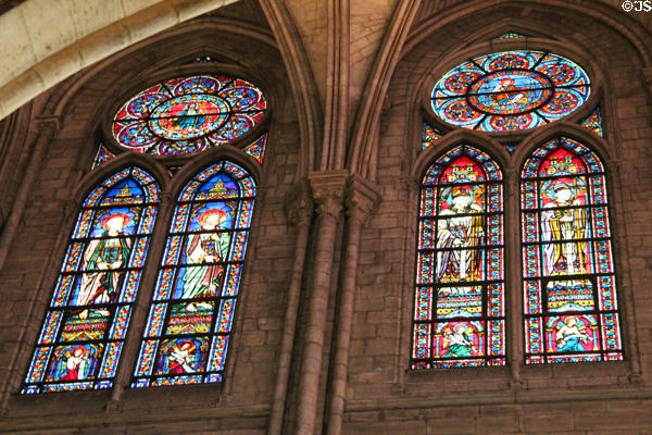 Saints Matthew, Mark, Ambrose & Gregory stained glass window in Notre Dame Cathedral. Paris, France.