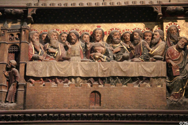 Last supper on carved stone chancel screen (14thC) in Notre Dame Cathedral. Paris, France.