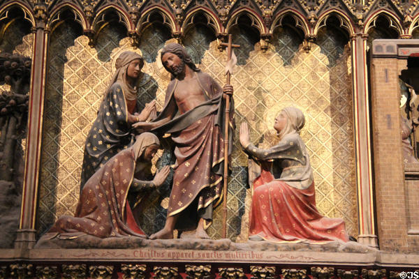 Christ appears to the holy women on carved stone chancel screen (14thC) in Notre Dame Cathedral. Paris, France.