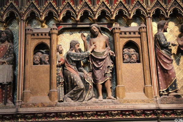 Christ appears to Doubting Thomas on carved stone chancel screen (14thC) in Notre Dame Cathedral. Paris, France.