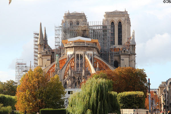 Notre Dame Cathedral under scaffolding after fire of 2019. Paris, France.