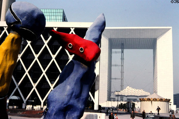 Personnages fantastiques (Fantastic characters) sculpture (1977) by Joan Miró before La Grande Arche at La Défense. Paris, France.