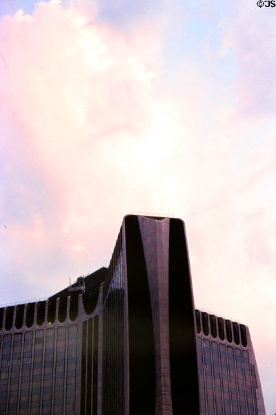 View at dusk of PB5 (former SCOR) Y-shaped tower (1980-3) at La Défense. Paris, France.