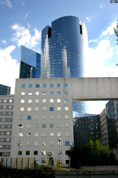 Société Générale tower (1995) over Villages de l'Arche at La Défense. Paris, France.