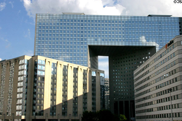 Pacific tower arch (1992) over residential buildings at La Défense. Paris, France.