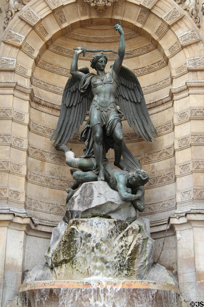 Archangel Michael wrestling devil (1860) by Francisque-Joseph Duret at St-Michel Fountain. Paris, France.