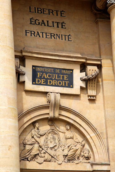 Facade detail of Faculty of Law building (1770) at Sorbonne University on Place du Panthéon. Paris, France.