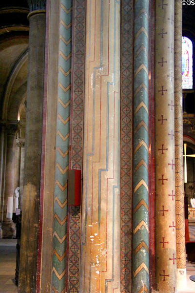 Restored medieval column paintings at St-Germain-des-Prés. Paris, France.