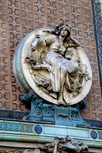 Detail of Art Nouveau roundel of female figure on Sevres Arch (1900) at St-Germain-des-Prés. Paris, France.
