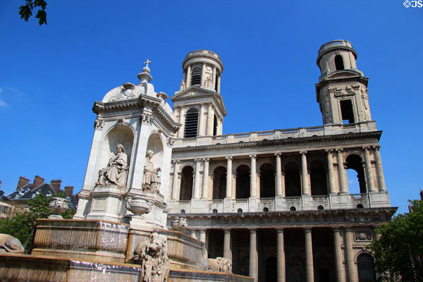 St-Sulpice fountain before two unmatched towers of St-Sulpice church. Paris, France.