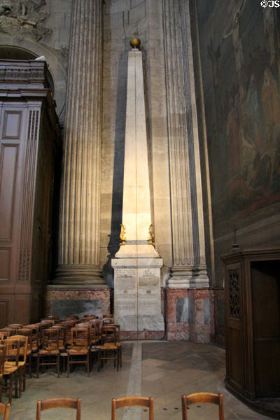 Gnomon (1743) obelisk plus brass line on floor, astronomical instrument to determine equinoxes hence Easter, at St-Sulpice church. Paris, France.