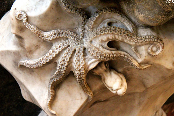 Sculpted octopus detail by Jean-Baptiste Pigalle on holy water font support at St-Sulpice church. Paris, France.