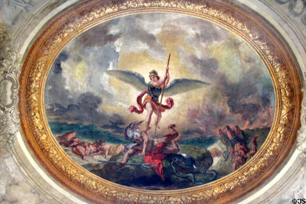 Saint Michael Vanquishing Demon ceiling painting (1854-61) by Eugène Delacroix at St-Sulpice church. Paris, France.