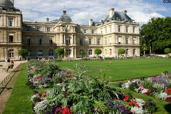 Flower beds line Luxembourg Palace in Luxembourg Gardens. Paris, France.