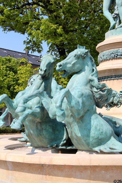 Detail of horses around Fontaine de l'Observatoire (aka Fountain of four parts of the world) (1874) by Emmanuel Fremiet near Luxembourg Gardens. Paris, France.