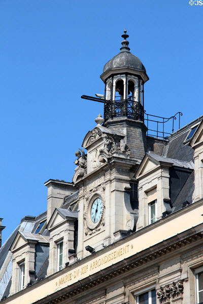 Clock tower of Mairie of 13th Arrondissement on Place d'Italie. Paris, France.