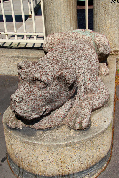 Sculpted dog guarding gates at Mobilier National workshops. Paris, France.
