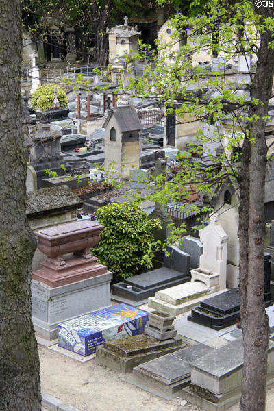 Crowded tombs at Montmartre Cemetery. Paris, France.