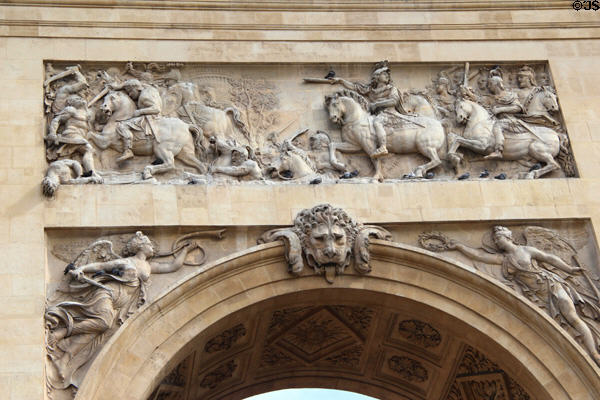 Port St.-Denis carving above arch shows Louis XIV crossing the Rhine to victory in 1672. Paris, France.