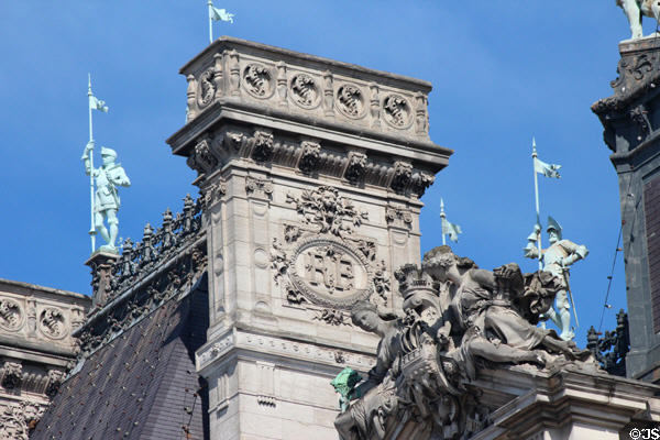 Knights & RF carved on chimney atop Paris City Hall. Paris, France.
