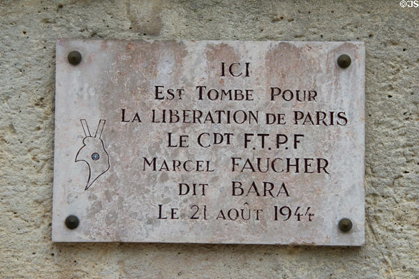 Plaque marking spot where French Resistance fighter Marcel Faucher died on Aug. 21, 1944 at Place du Châtelet. Paris, France.