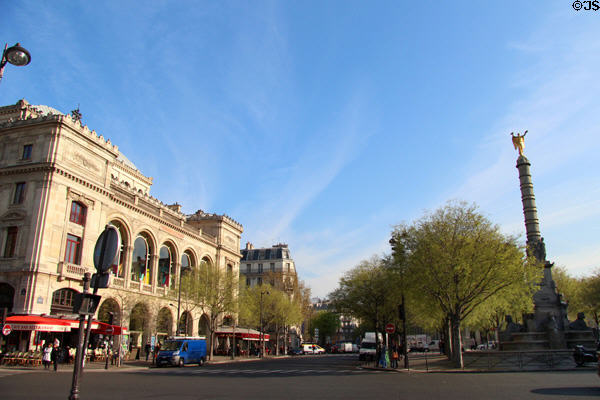 Théâtre de la Ville & Fontaine du Palmier column at Place du Châtelet. Paris, France.