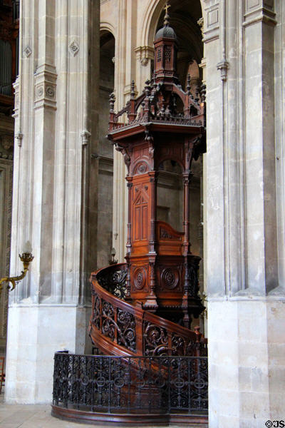 Pulpit with spiral stairs at St Eustache Les Halles. Paris, France.