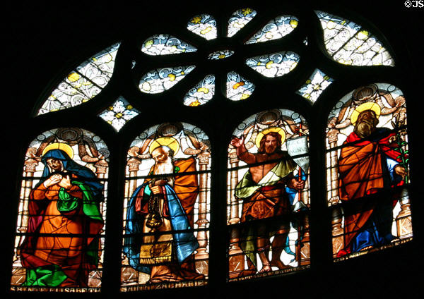 Stained glass with saints (19thC) at St Eustache Les Halles. Paris, France.