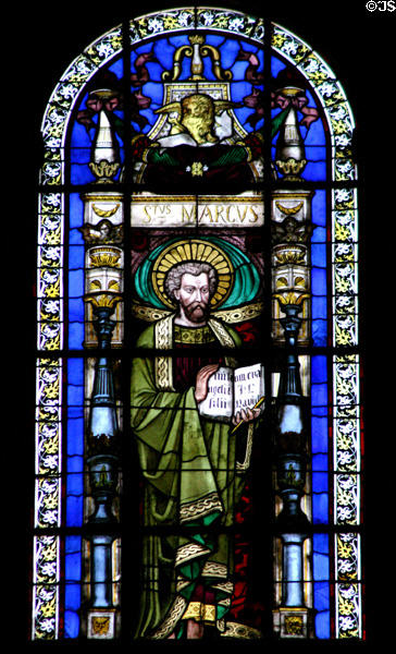 St Mark Evangelist stained glass (19thC) at St Eustache Les Halles. Paris, France.