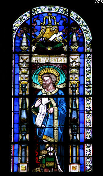 St Luke Evangelist stained glass (19thC) at St Eustache Les Halles. Paris, France.