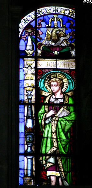St John Evangelist stained glass (19thC) at St Eustache Les Halles. Paris, France.