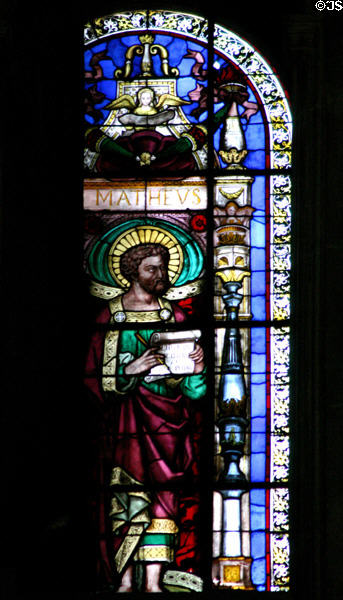 St Matthew Evangelist stained glass (19thC) at St Eustache Les Halles. Paris, France.