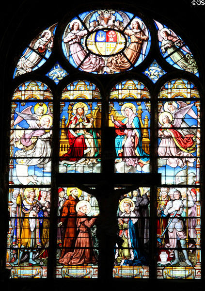 Sts. Francis of Assisi & Elizabeth worship Christ & Virgin stained glass (19thC) at St Eustache Les Halles. Paris, France.
