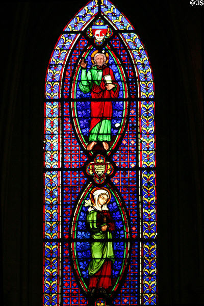 Details of apse stained glass windows (c1839) by Étienne Thevenot? at Saint-Germain-l'Auxerrois. Paris, France.