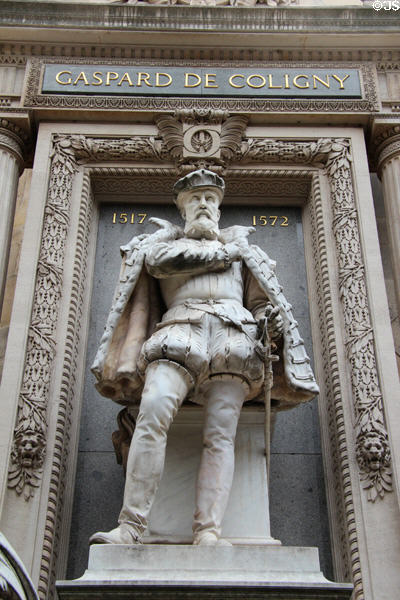 Huguenot admiral Gaspard de Coligny (1517-72) monument (1889) at Temple protestant de l'Oratoire du Louvre. Paris, France.