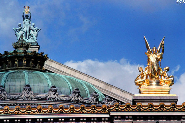 Opéra Garnier with dome & Apollo, Poetry & Music sculptural group by Aimé Millet & gilded Poetry sculpture (1869) by Charles-Alphonse Guméry. Paris, France.