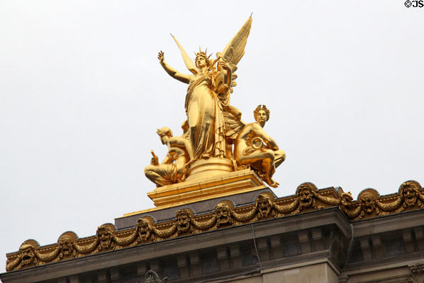 Gilded Harmony sculpture (1869) by Charles-Alphonse Guméry atop Opéra Garnier. Paris, France.