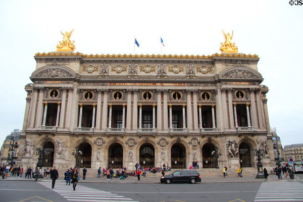 Opéra Garnier (1875) with row of busts of composers across the front in darker circles. Paris, France. Architect: Charles Garnier.