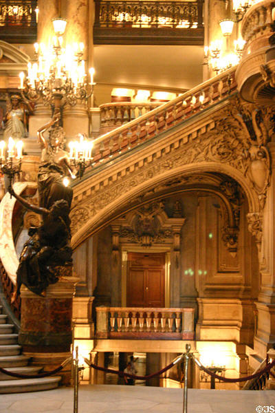 Stairways & chandeliers in Opéra Garnier. Paris, France.