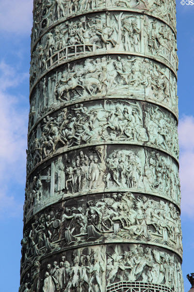 Detail of spiral scenes showing Dec. 2, 1805 Battle of Austerlitz on Place Vendome column. Paris, France.