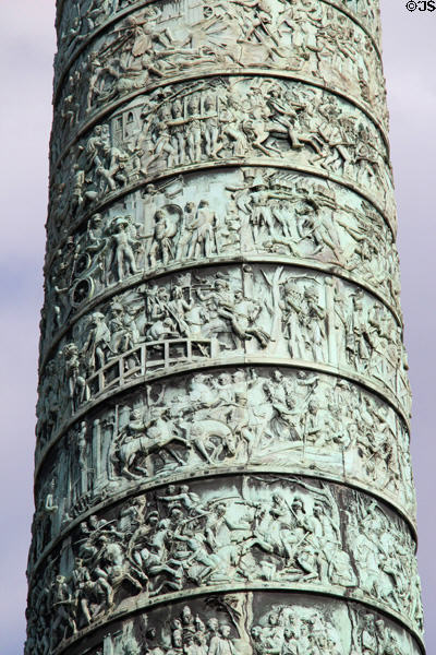Battle scenes with overall design by sculptor Pierre-Nolasque Bergeret spiral up Place Vendome column as inspired by Roman Trajan's Column in Rome. Paris, France.