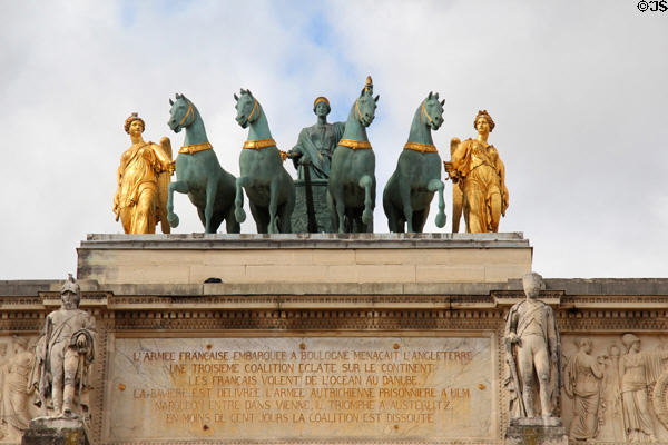 Horses of Saint Mark statue replacements (1828) by Baron Francois Joseph Bosio atop Arc du Triomphe du Carrousel. Paris, France.
