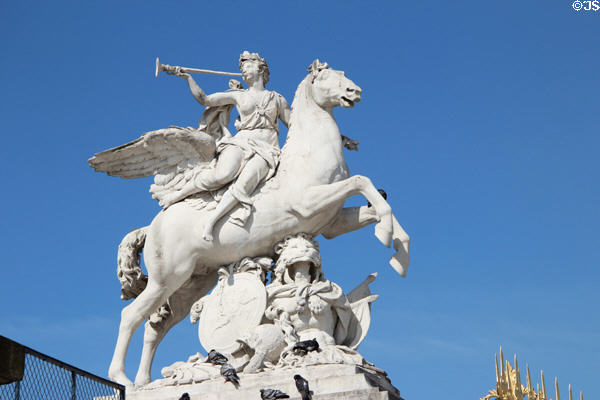 Fame riding Pegasus sculpture (1702) by Antoine Coysevox beside entrance gates to Tuileries Garden. Paris, France.